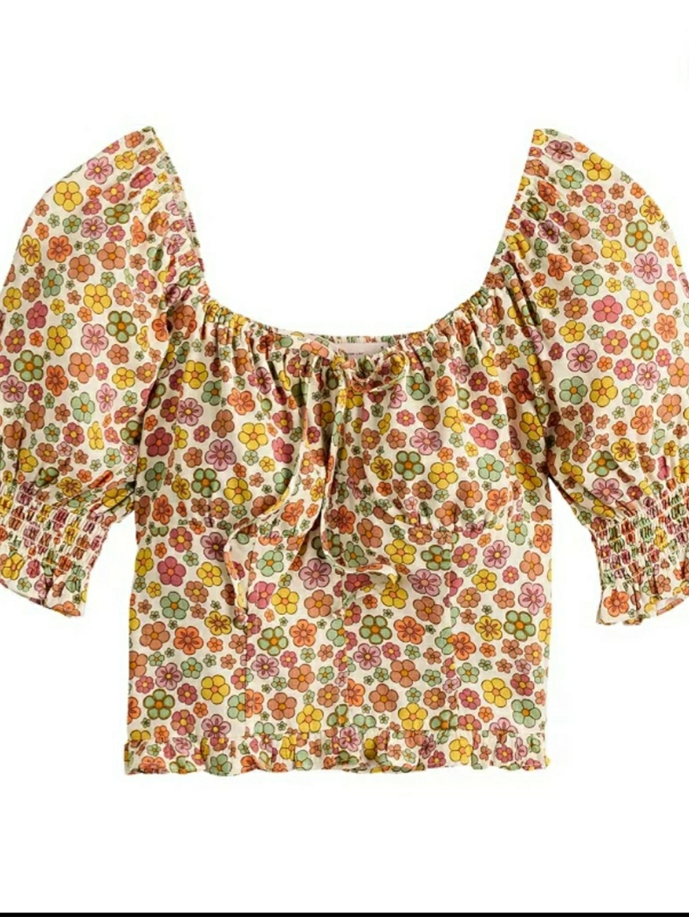 So Ditsy Floral Puff-Sleeve Square Neck Corset Crop Top L colorful Milkmaid Jr